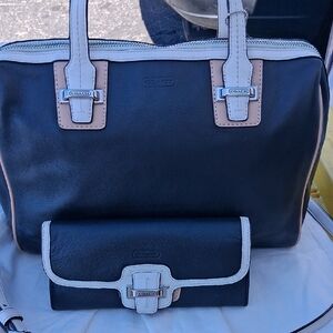 Coach Black Leather Tote with Cream and Tan Trim